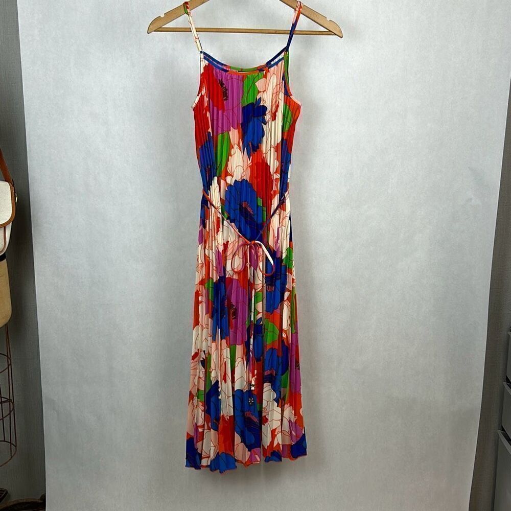Sam Edelman Pleated Plisse Satin Belted Dress Sz S Multi Water Color Floral Midi - Picture 5 of 8